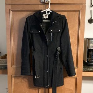 Peacoat, wool with hood and belt. Hits below waist, above knee.